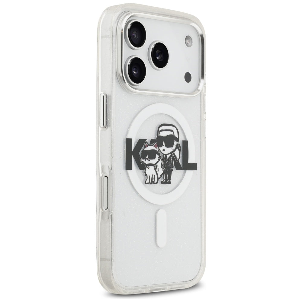 Pouzdro MagSafe pro Apple iPhone 17 Pro, Karl Lagerfeld, IML Sketch Logo Glitter Karl & Choupette, Průhledné