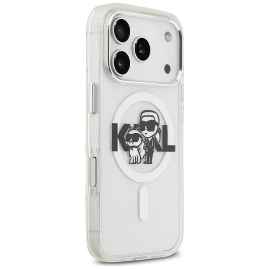 Pouzdro MagSafe pro Apple iPhone 17 Pro, Karl Lagerfeld, IML Sketch Logo Glitter Karl & Choupette, Průhledné
