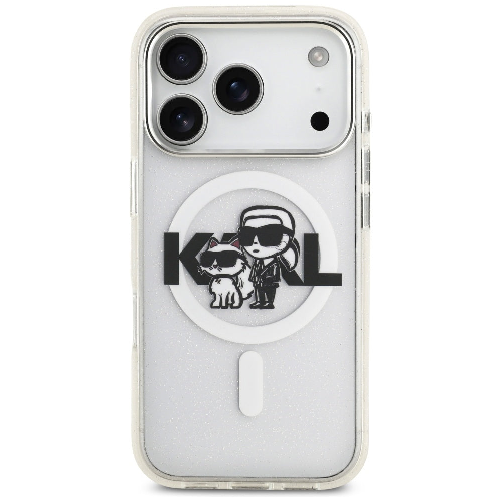 Pouzdro MagSafe pro Apple iPhone 17 Pro, Karl Lagerfeld, IML Sketch Logo Glitter Karl & Choupette, Průhledné