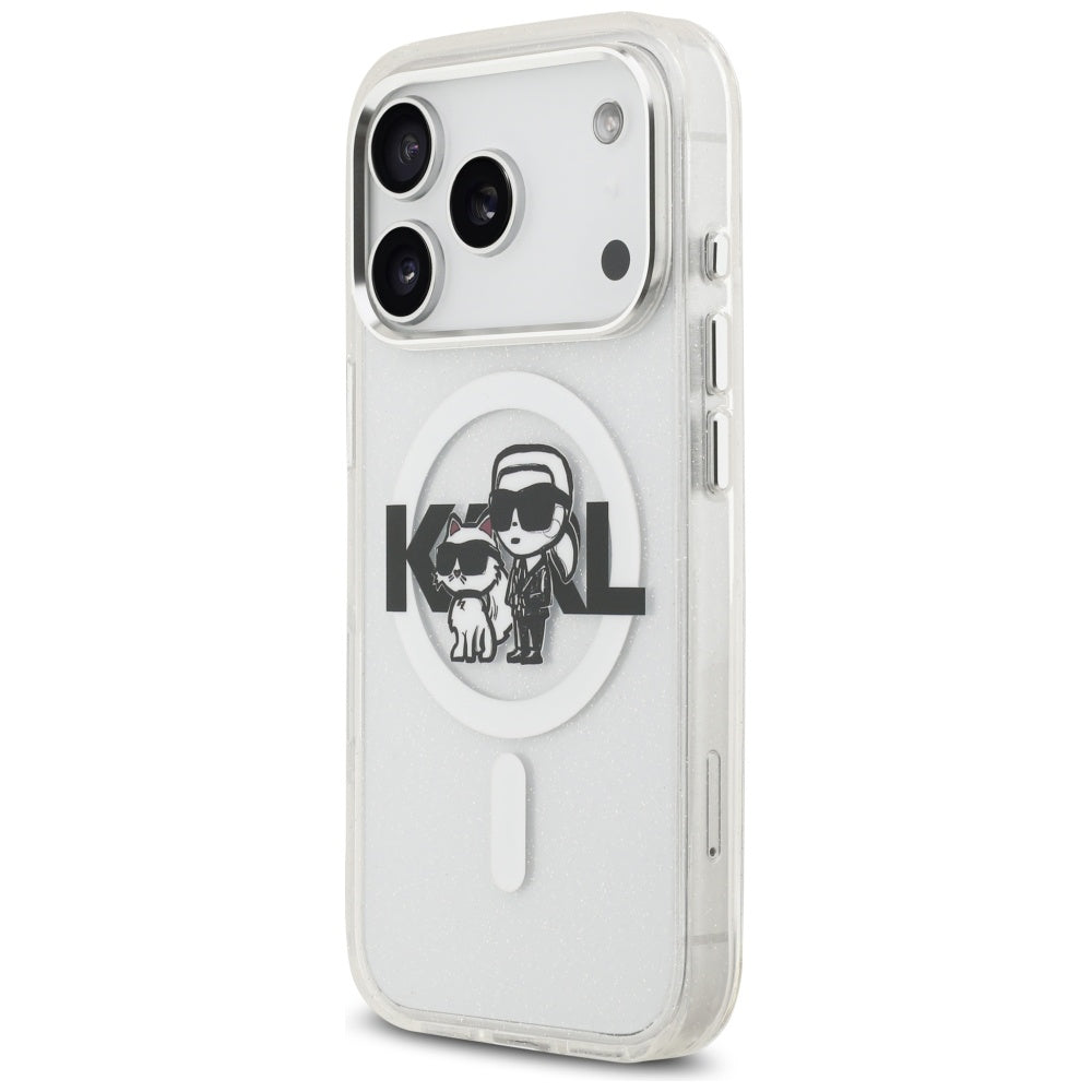 Pouzdro MagSafe pro Apple iPhone 17 Pro, Karl Lagerfeld, IML Sketch Logo Glitter Karl & Choupette, Průhledné