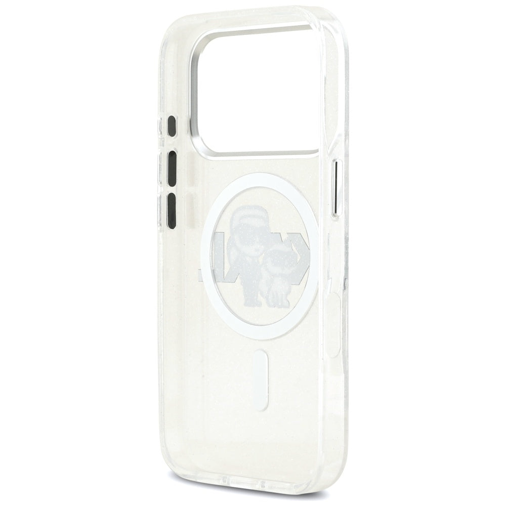 Pouzdro MagSafe pro Apple iPhone 17 Pro, Karl Lagerfeld, IML Sketch Logo Glitter Karl & Choupette, Průhledné