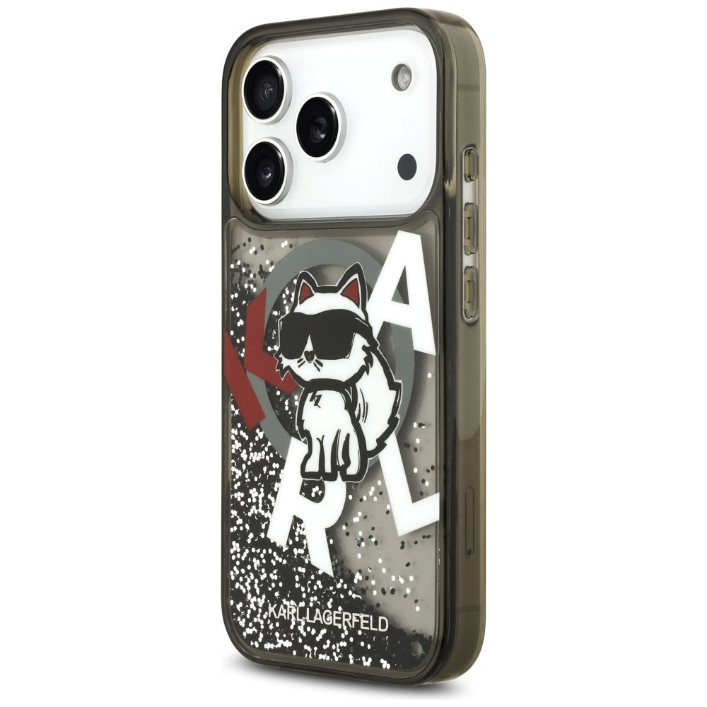Pouzdro MagSafe pro Apple iPhone 17 Pro, Karl Lagerfeld, Liquid Glitter Choupette Logo, Černá