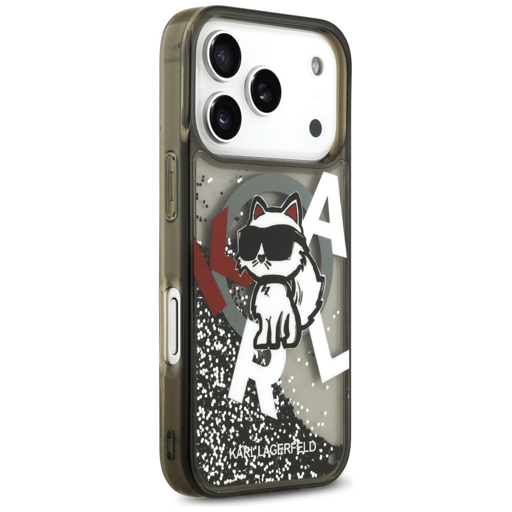 Pouzdro MagSafe pro Apple iPhone 17 Pro, Karl Lagerfeld, Liquid Glitter Choupette Logo, Černá