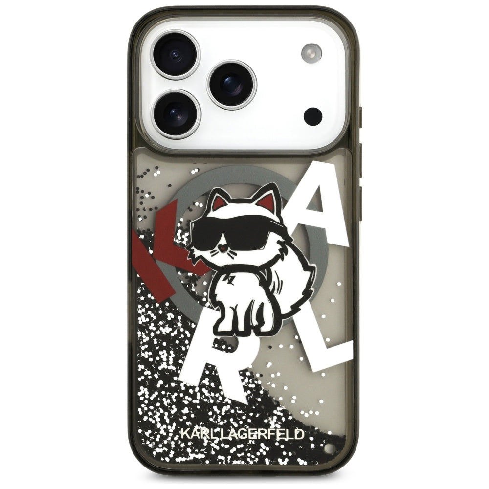 Pouzdro MagSafe pro Apple iPhone 17 Pro, Karl Lagerfeld, Liquid Glitter Choupette Logo, Černá