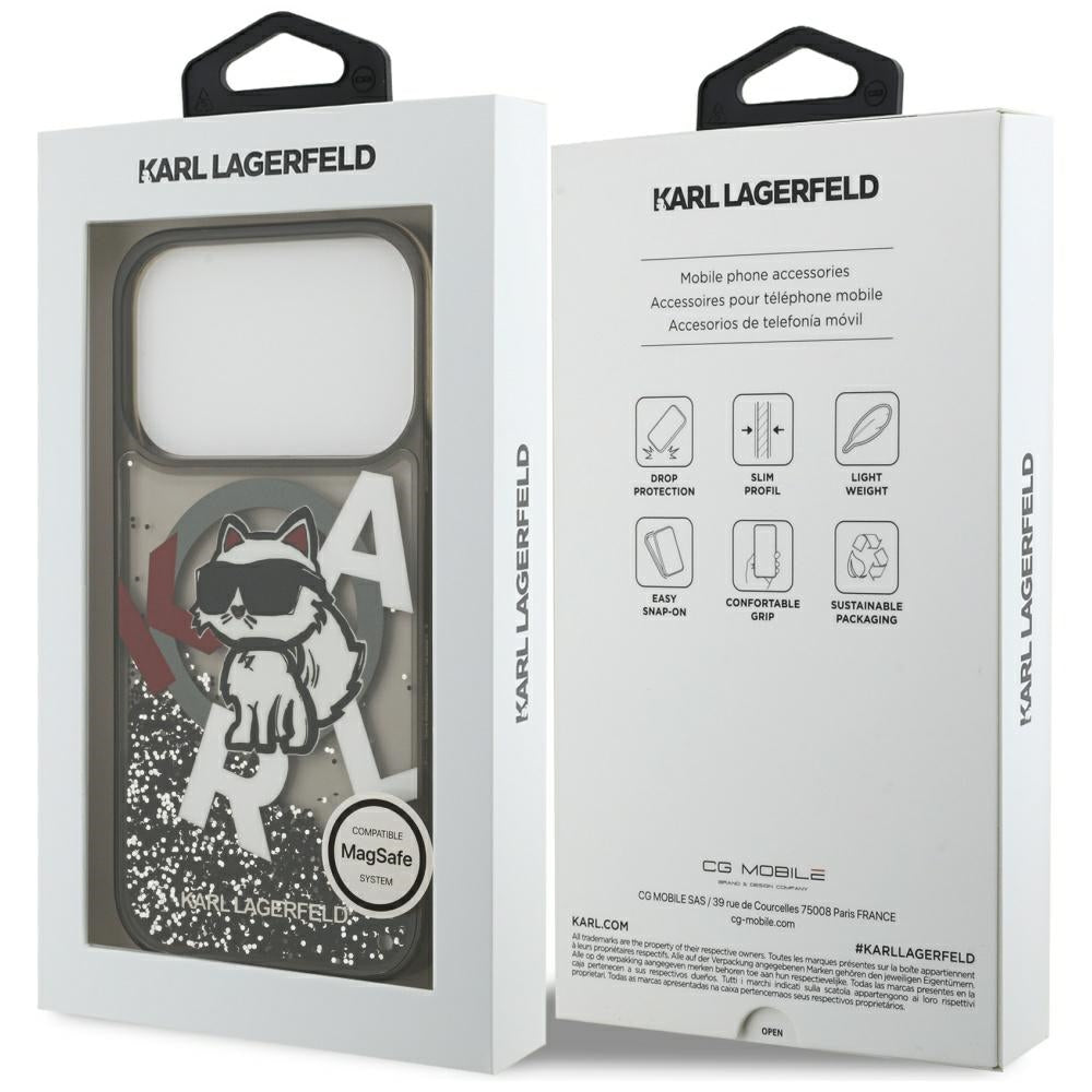 Pouzdro MagSafe pro Apple iPhone 17 Pro, Karl Lagerfeld, Liquid Glitter Choupette Logo, Černá