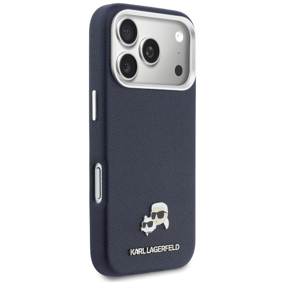 Pouzdro MagSafe pro Apple iPhone 17 Pro, Karl Lagerfeld, Saffiano Karl & Choupette Pins, Modrá
