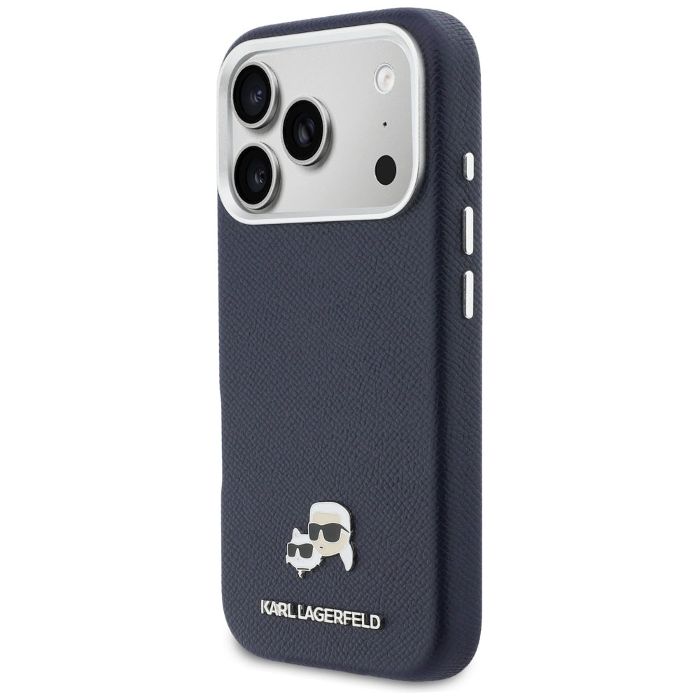 Pouzdro MagSafe pro Apple iPhone 17 Pro, Karl Lagerfeld, Saffiano Karl & Choupette Pins, Modrá