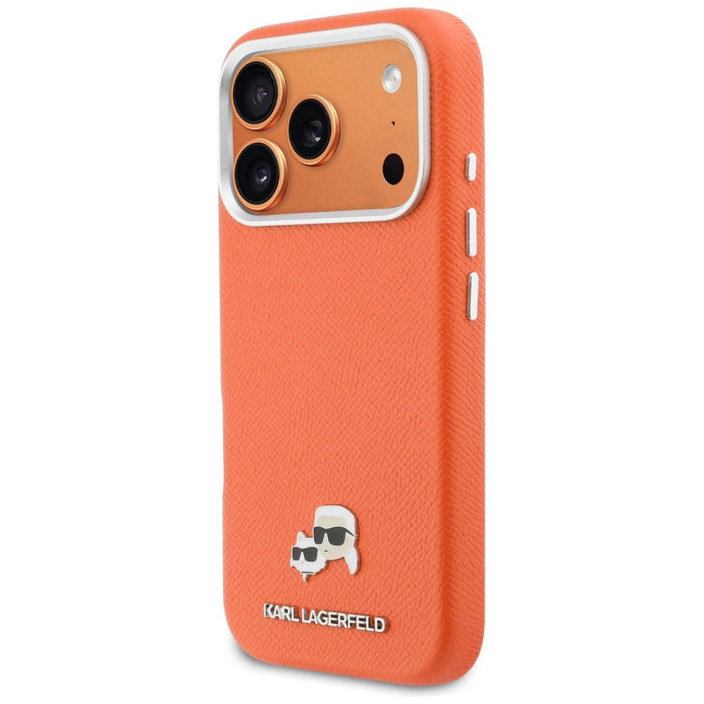 Pouzdro MagSafe pro Apple iPhone 17 Pro, Karl Lagerfeld, Saffiano Karl & Choupette Pins, Oranžové