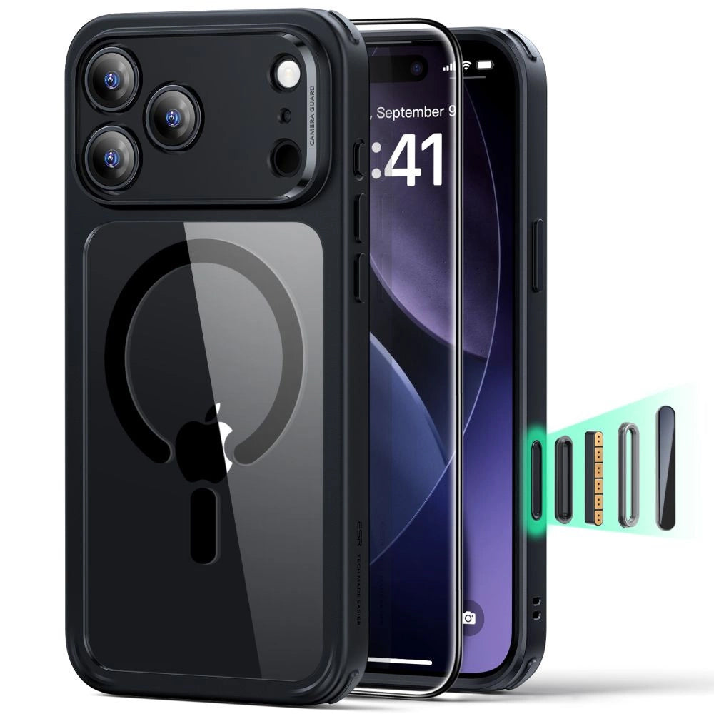 Pouzdro MagSafe pro Apple iPhone 17 Pro Max, ESR, Classic Hybrid se Screen Protector, Černě průhledné