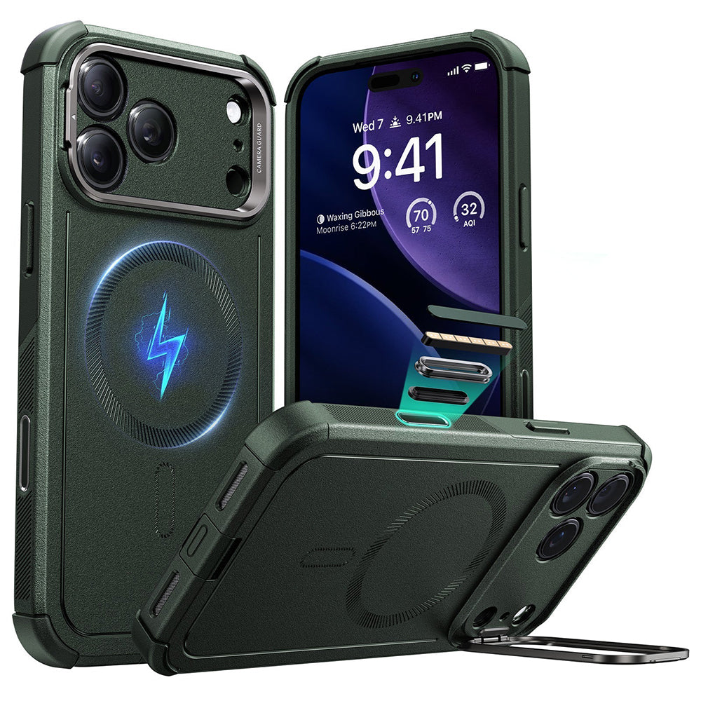 Pouzdro MagSafe pro Apple iPhone 17 Pro Max, ESR, Cyber Armor Kickstand, Zelená