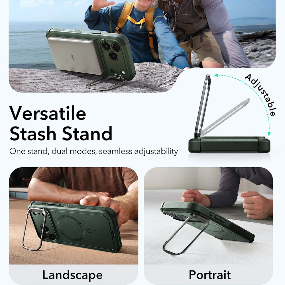 Pouzdro MagSafe pro Apple iPhone 17 Pro Max, ESR, Cyber Armor Kickstand, Zelená