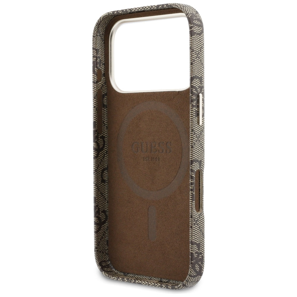 Pouzdro MagSafe pro Apple iPhone 17 Pro Max, Guess, 4G Script Logo, Hnědá
