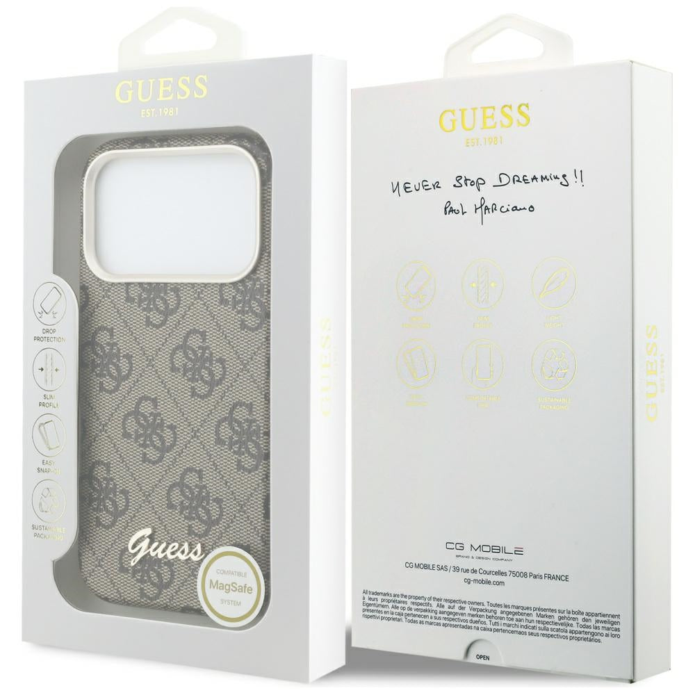 Pouzdro MagSafe pro Apple iPhone 17 Pro Max, Guess, 4G Script Logo, Hnědá