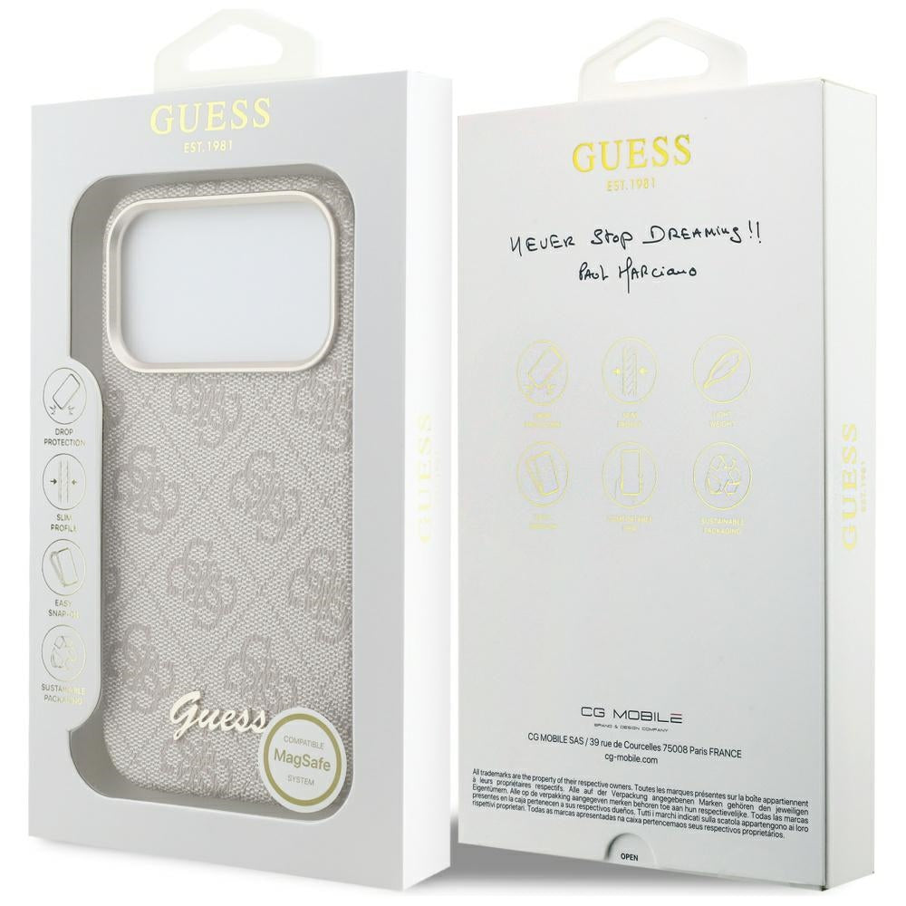 Pouzdro MagSafe pro Apple iPhone 17 Pro Max, Guess, 4G Script Logo, Růžové