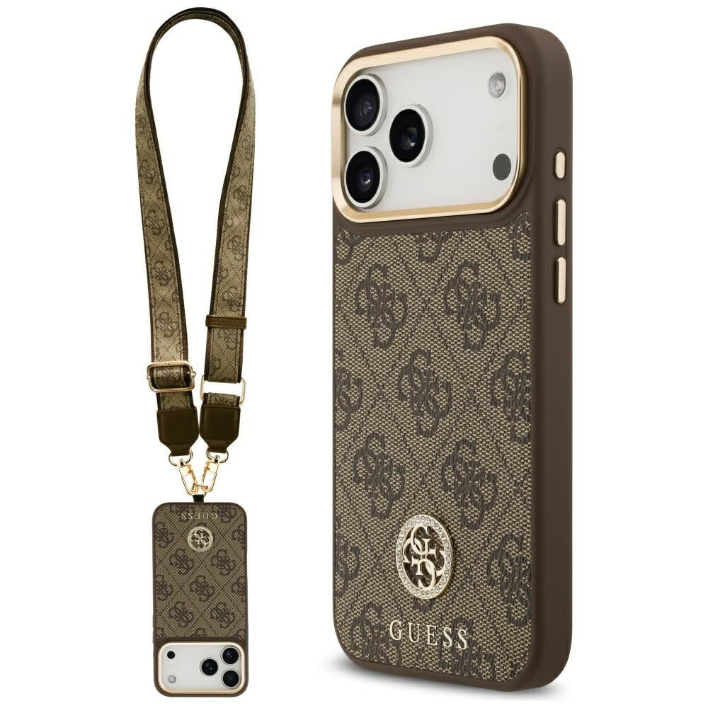 Pouzdro MagSafe pro Apple iPhone 17 Pro Max, Guess, 4G Strass Logo with Big Strap, hnědá