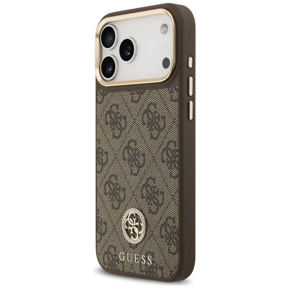 Pouzdro MagSafe pro Apple iPhone 17 Pro Max, Guess, 4G Strass Logo with Big Strap, hnědá