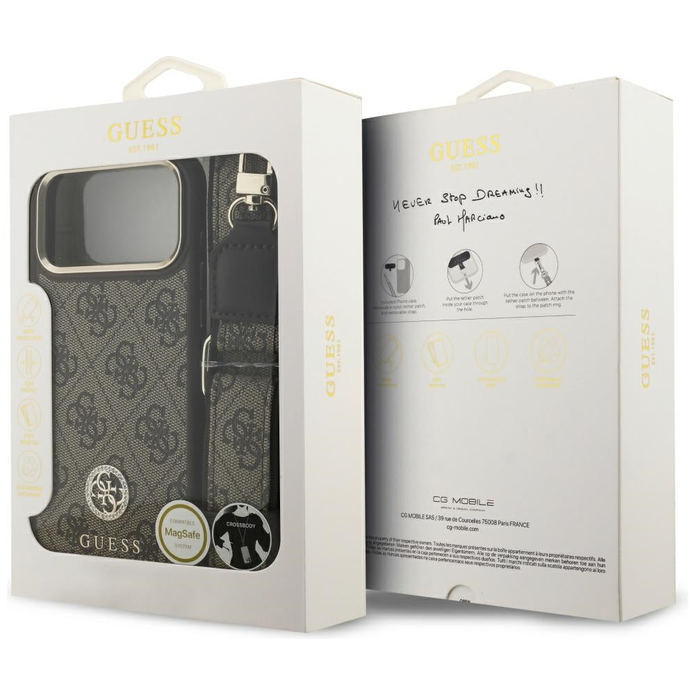 Pouzdro MagSafe pro Apple iPhone 17 Pro Max, Guess, 4G Strass Logo with Big Strap, hnědá