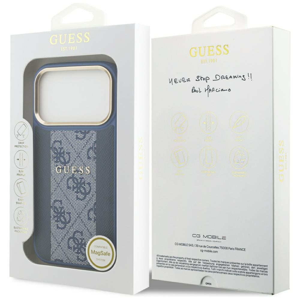 Pouzdro MagSafe pro Apple iPhone 17 Pro Max, Guess, 4G Stripe, Modrá