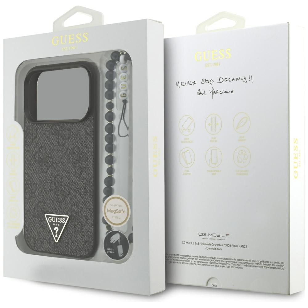 MagSafe Case for Apple iPhone 17 Pro Max, Guess, 4G Triangle Logo with Cord Strap, Black