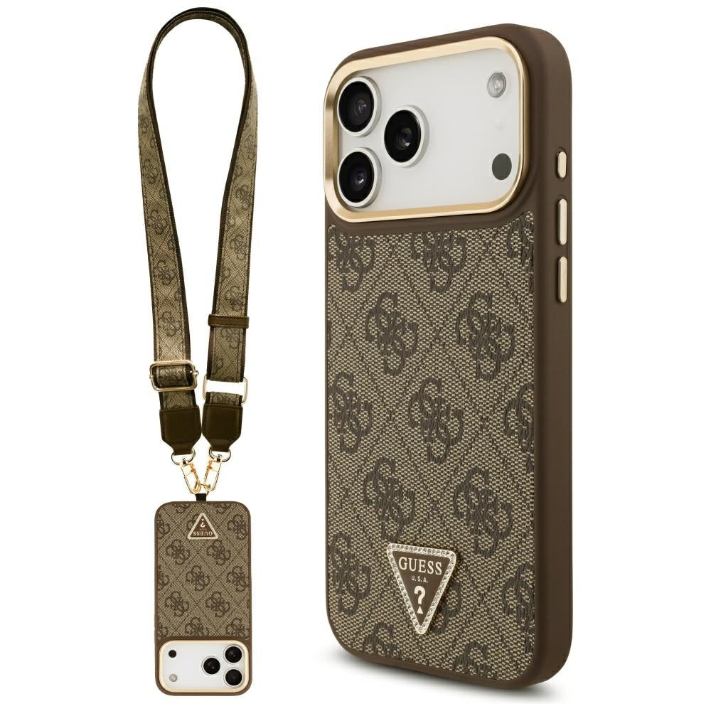 Pouzdro MagSafe pro Apple iPhone 17 Pro Max, Guess, 4G Triangle Logo with Big Strap, hnědá