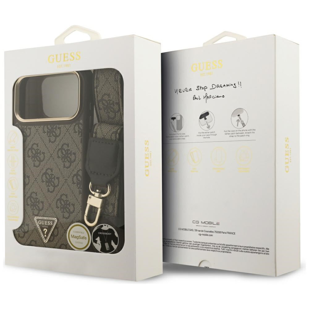 Pouzdro MagSafe pro Apple iPhone 17 Pro Max, Guess, 4G Triangle Logo with Big Strap, hnědá