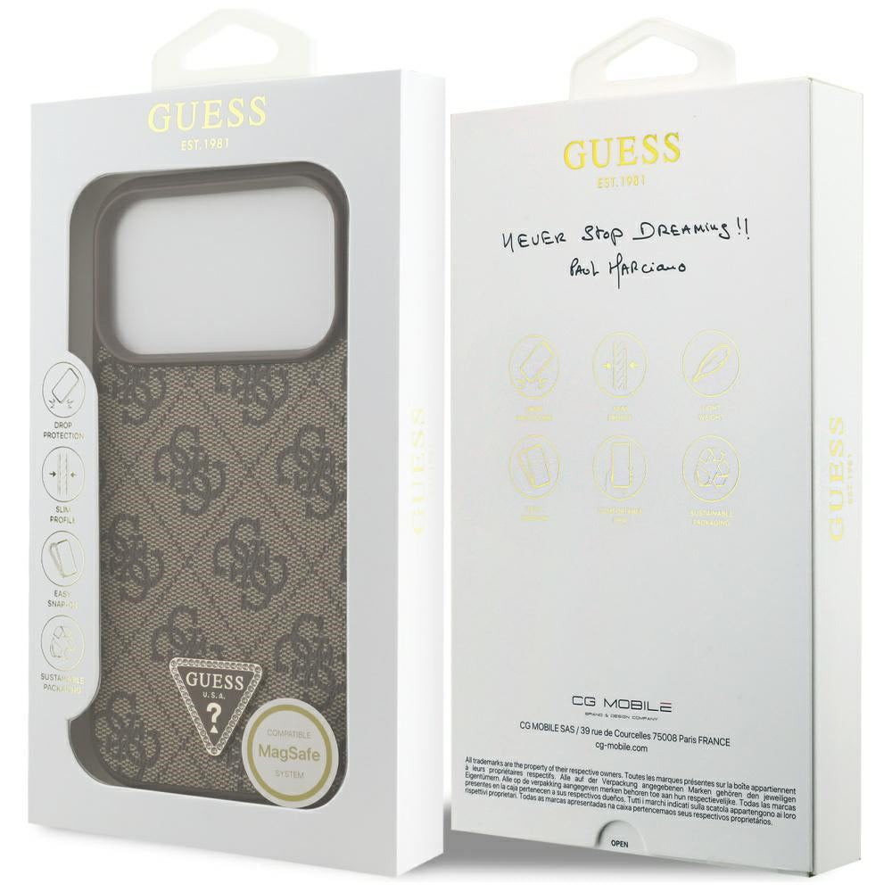 Pouzdro MagSafe pro Apple iPhone 17 Pro Max, Guess, 4G Triangle Strass, Hnědá