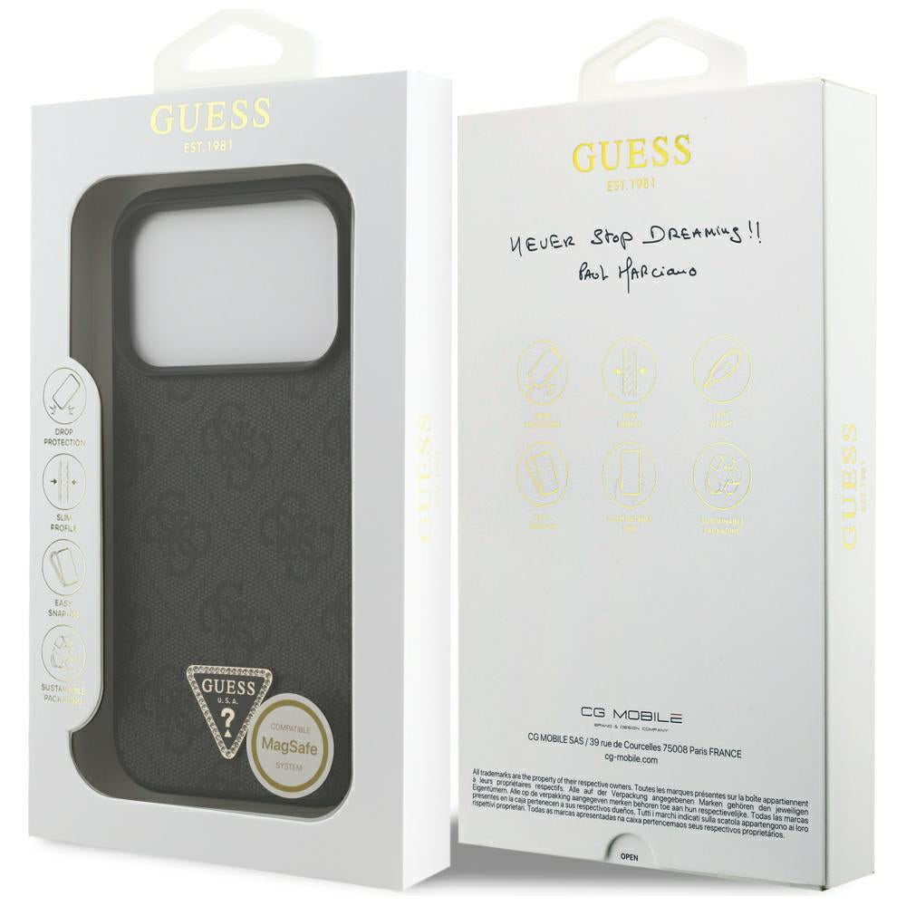 Pouzdro MagSafe pro Apple iPhone 17 Pro Max, Guess, 4G Triangle Strass, Černá