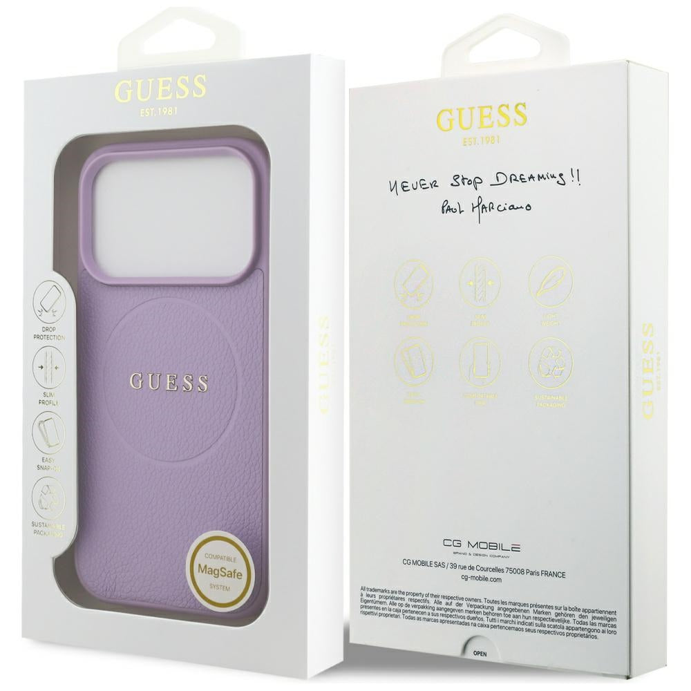 Pouzdro MagSafe pro Apple iPhone 17 Pro Max, Guess, Grained Gold Ring, Fialová