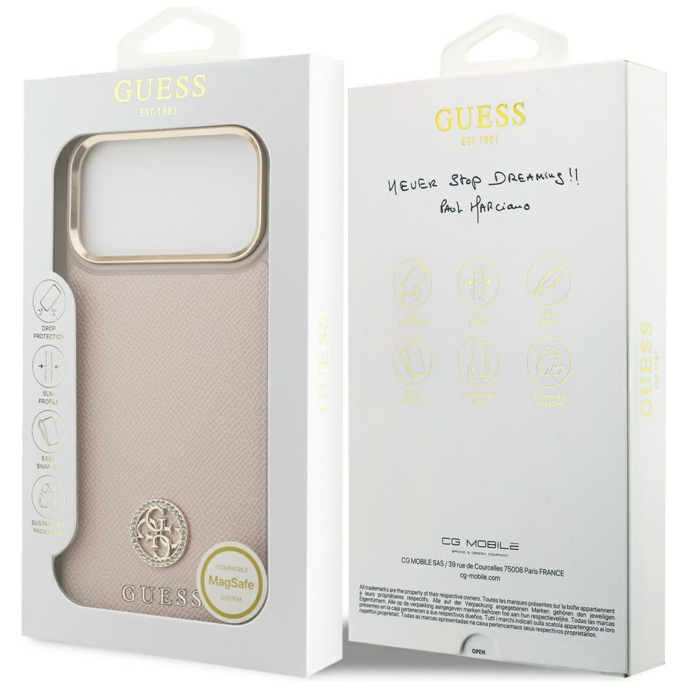 Pouzdro MagSafe pro Apple iPhone 17 Pro Max, Guess, Grained Strass Logo, Růžové