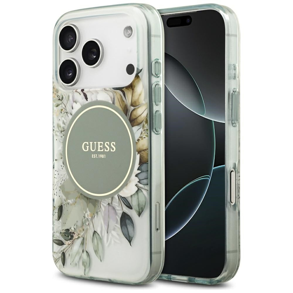 MagSafe Case for Apple iPhone 17 Pro Max, Guess, IML Flower & Tonal Circle, Green