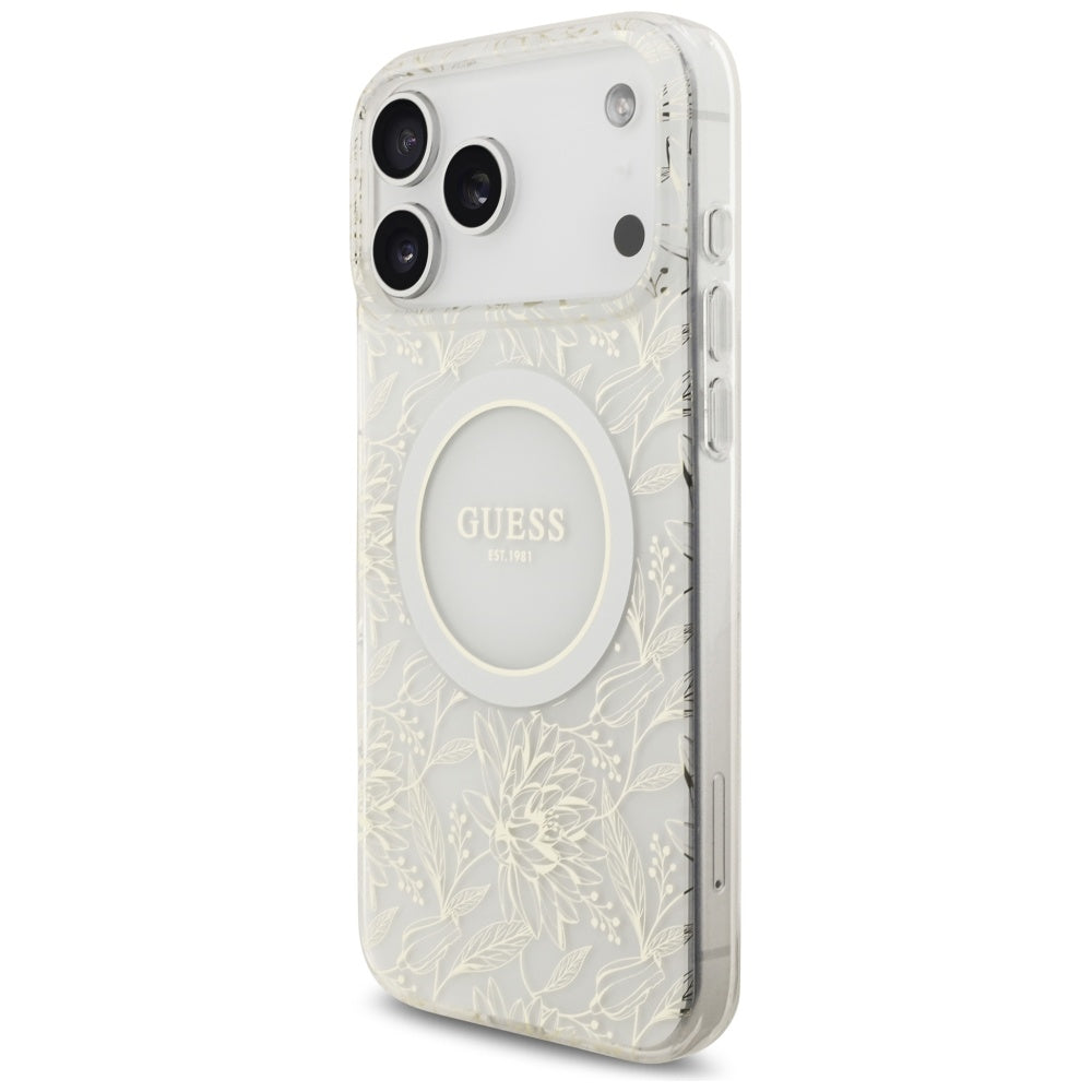 Pouzdro MagSafe pro Apple iPhone 17 Pro Max, Guess, IML Flowers Allover Electroplated with Pearl Strap, Bílá