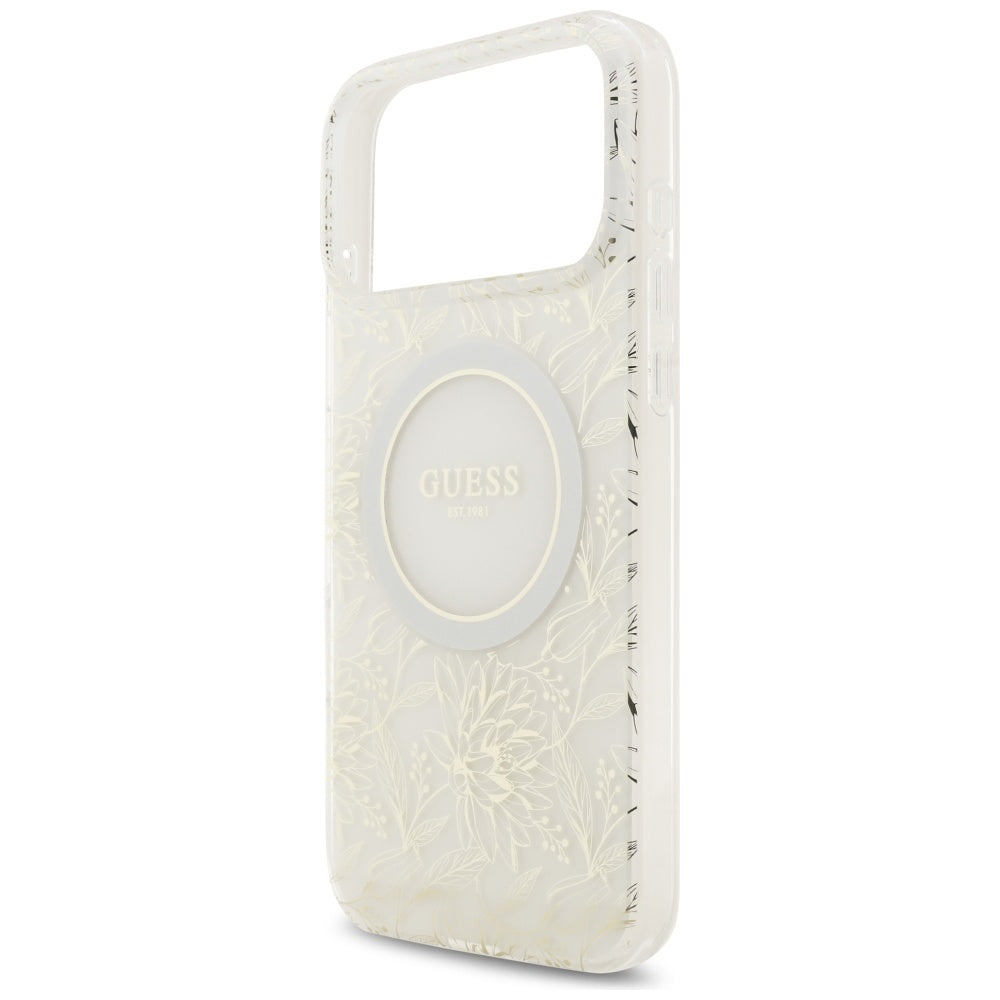Pouzdro MagSafe pro Apple iPhone 17 Pro Max, Guess, IML Flowers Allover Electroplated with Pearl Strap, Bílá