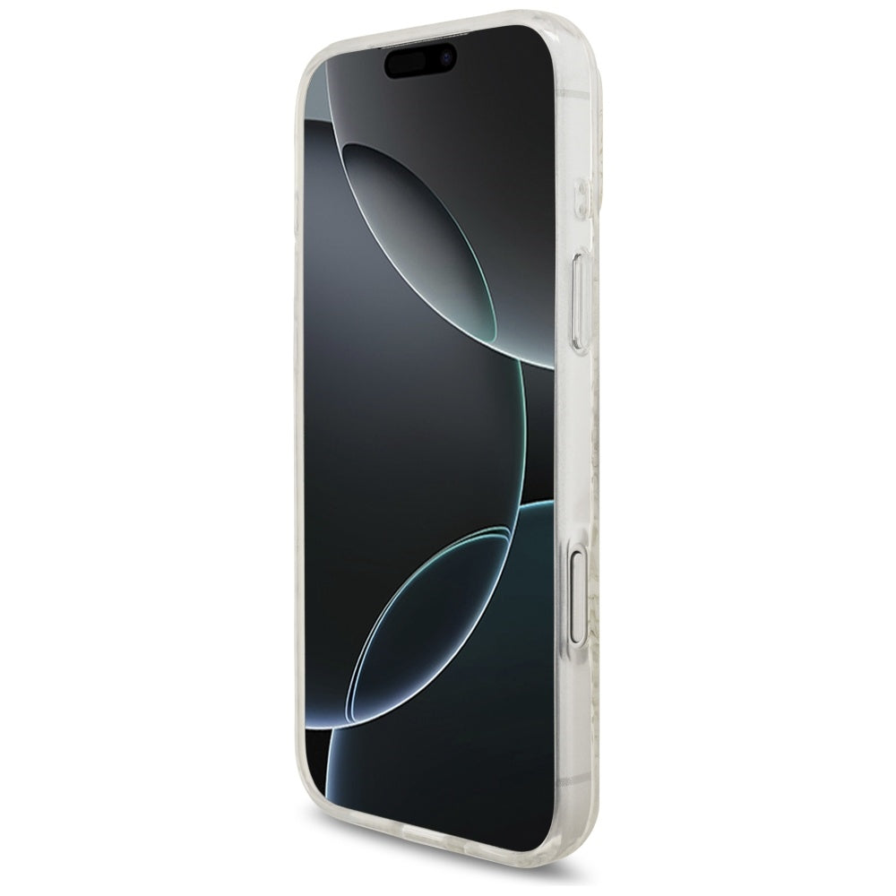Pouzdro MagSafe pro Apple iPhone 17 Pro Max, Guess, IML Flowers Allover Electroplated with Pearl Strap, Bílá