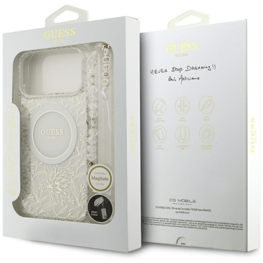 Pouzdro MagSafe pro Apple iPhone 17 Pro Max, Guess, IML Flowers Allover Electroplated with Pearl Strap, Bílá