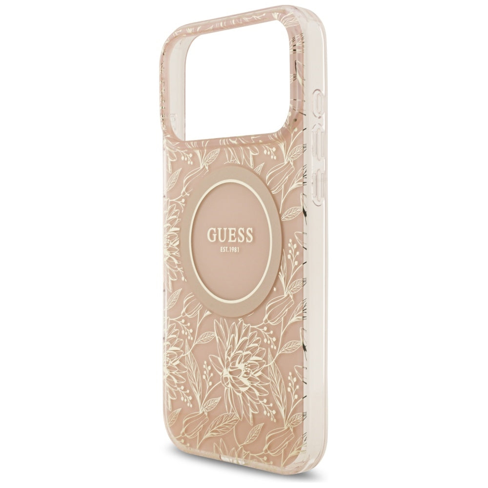 Pouzdro MagSafe pro Apple iPhone 17 Pro Max, Guess, IML Flowers Allover Electroplated with Pearl Strap, Růžové