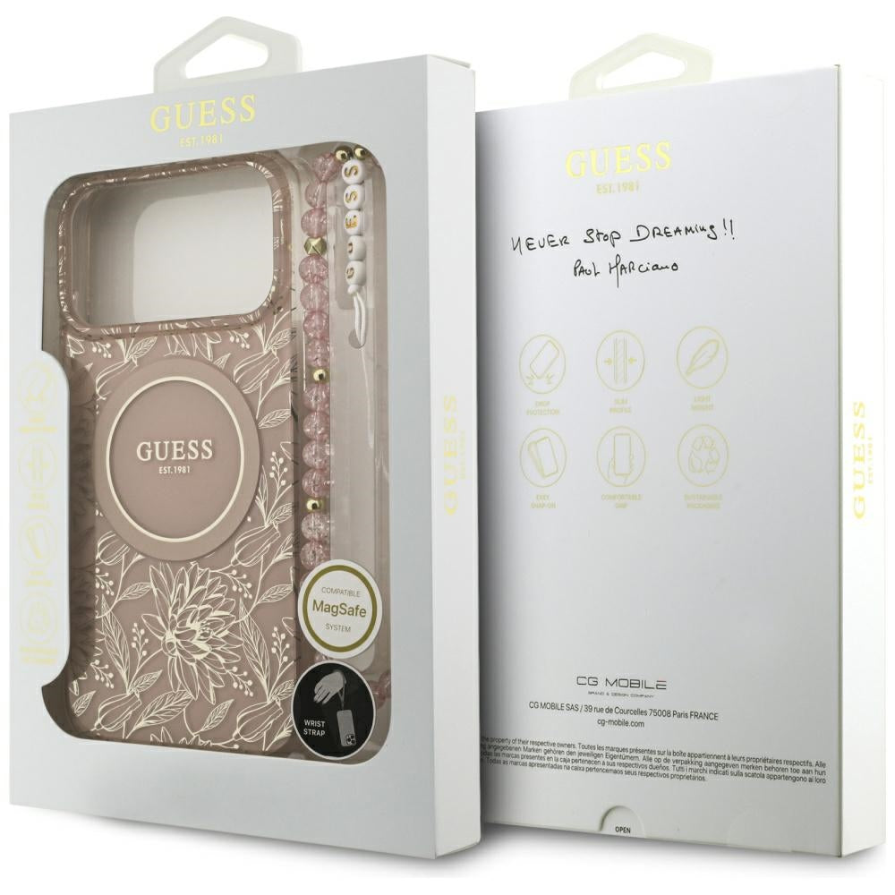 Pouzdro MagSafe pro Apple iPhone 17 Pro Max, Guess, IML Flowers Allover Electroplated with Pearl Strap, Růžové