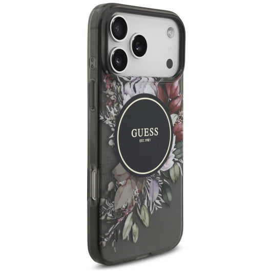 Pouzdro MagSafe pro Apple iPhone 17 Pro Max, Guess, IML Flowers with Pearl Strap, Černá