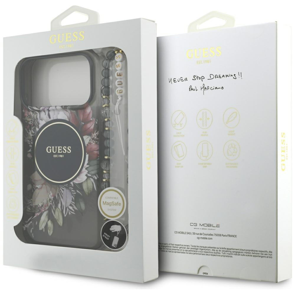 MagSafe Case for Apple iPhone 17 Pro Max, Guess, IML Flowers with Pearl Strap, Black