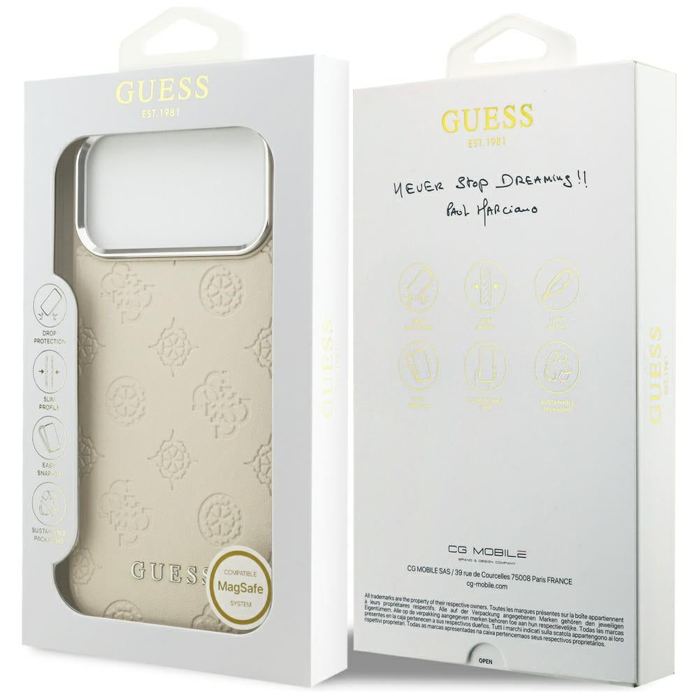 Pouzdro MagSafe pro Apple iPhone 17 Pro Max, Guess, Peony Hot Stamp Script, Bežové