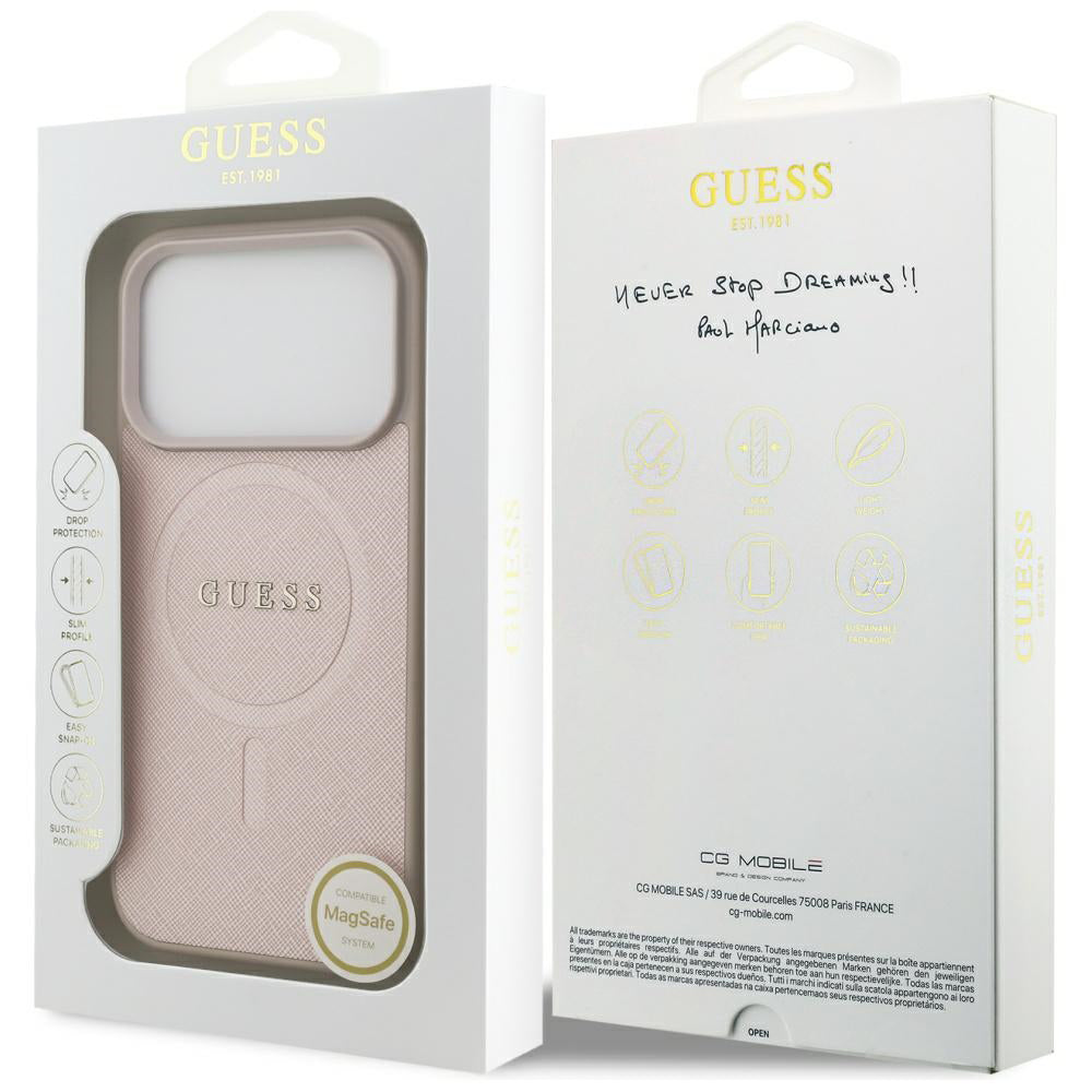 Pouzdro MagSafe pro Apple iPhone 17 Pro Max, Guess, Saffiano Classic Logo, Růžové