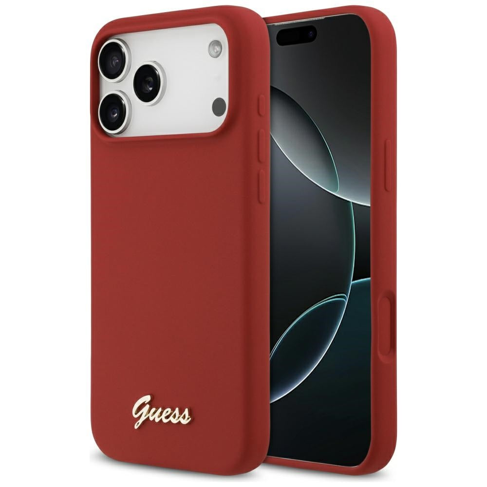 Pouzdro MagSafe pro Apple iPhone 17 Pro Max, Guess, Script Metal Logo, Růžová