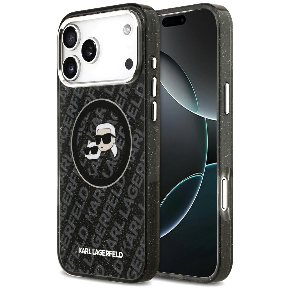 Pouzdro MagSafe pro Apple iPhone 17 Pro Max, Karl Lagerfeld, Glitter Karl & Choupette Head, Černá