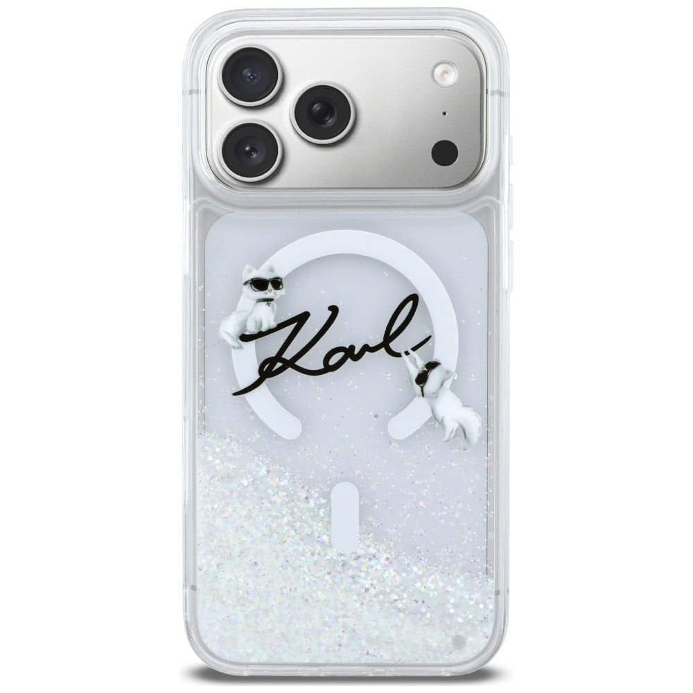Pouzdro MagSafe pro Apple iPhone 17 Pro Max, Karl Lagerfeld, Glitter Karl Script Logo, Průhledné