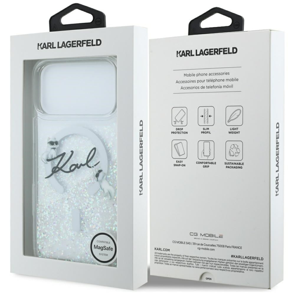 Pouzdro MagSafe pro Apple iPhone 17 Pro Max, Karl Lagerfeld, Glitter Karl Script Logo, Průhledné