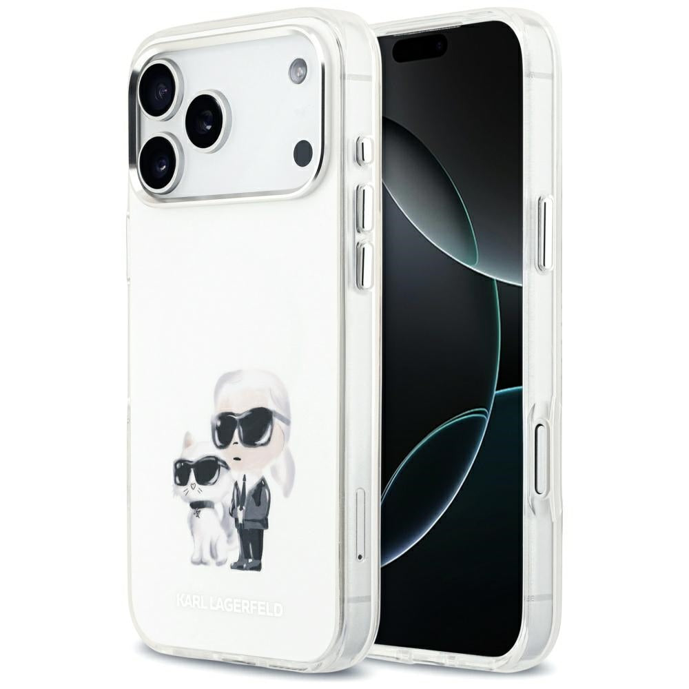 Pouzdro MagSafe pro Apple iPhone 17 Pro Max, Karl Lagerfeld, IML Aquarelle Logo Karl & Choupette, Bílá