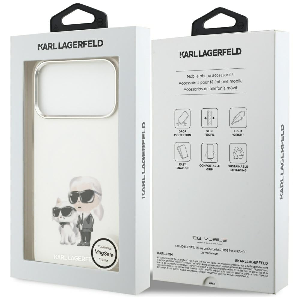 Pouzdro MagSafe pro Apple iPhone 17 Pro Max, Karl Lagerfeld, IML Aquarelle Logo Karl & Choupette, Bílá