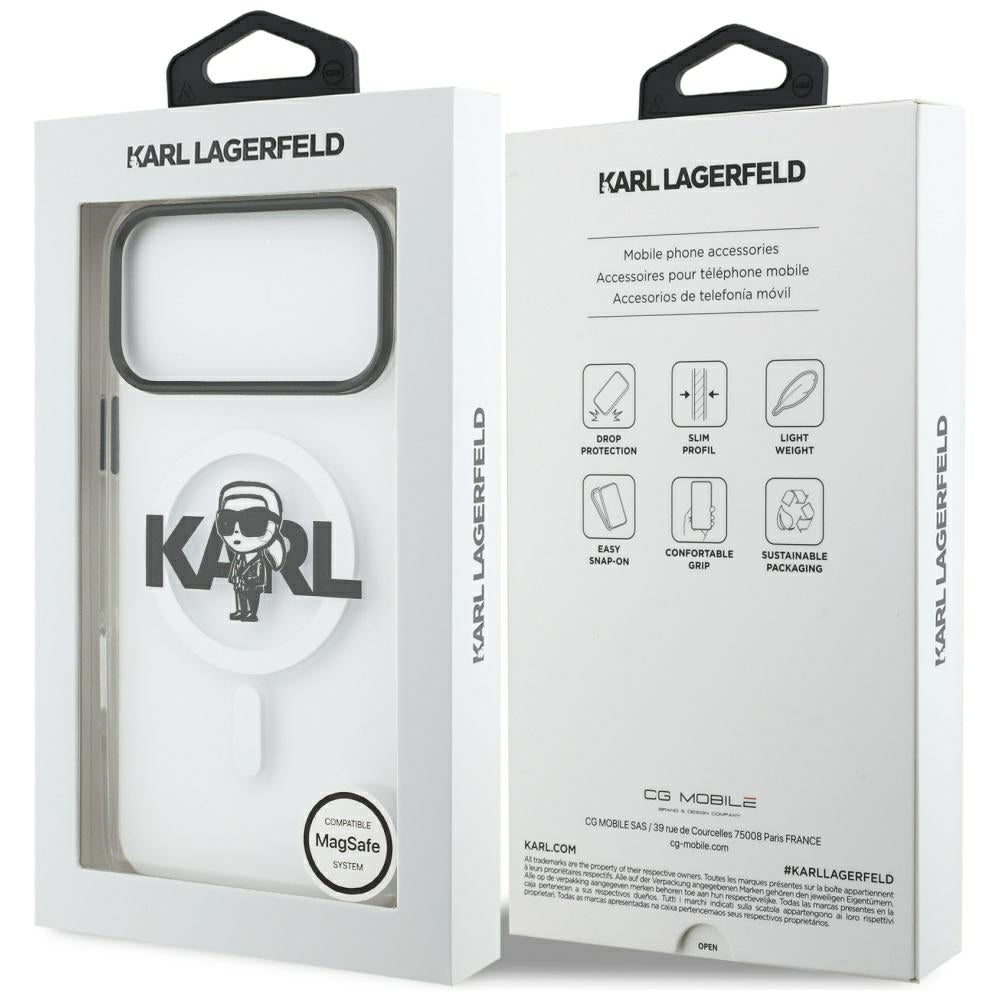 Pouzdro MagSafe pro Apple iPhone 17 Pro Max, Karl Lagerfeld, IML Sketch Logo Karl, Průhledné