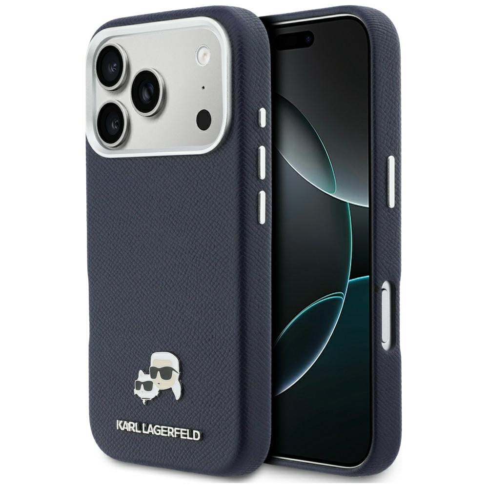 Pouzdro MagSafe pro Apple iPhone 17 Pro Max, Karl Lagerfeld, Saffiano Karl & Choupette Pins, Modrá