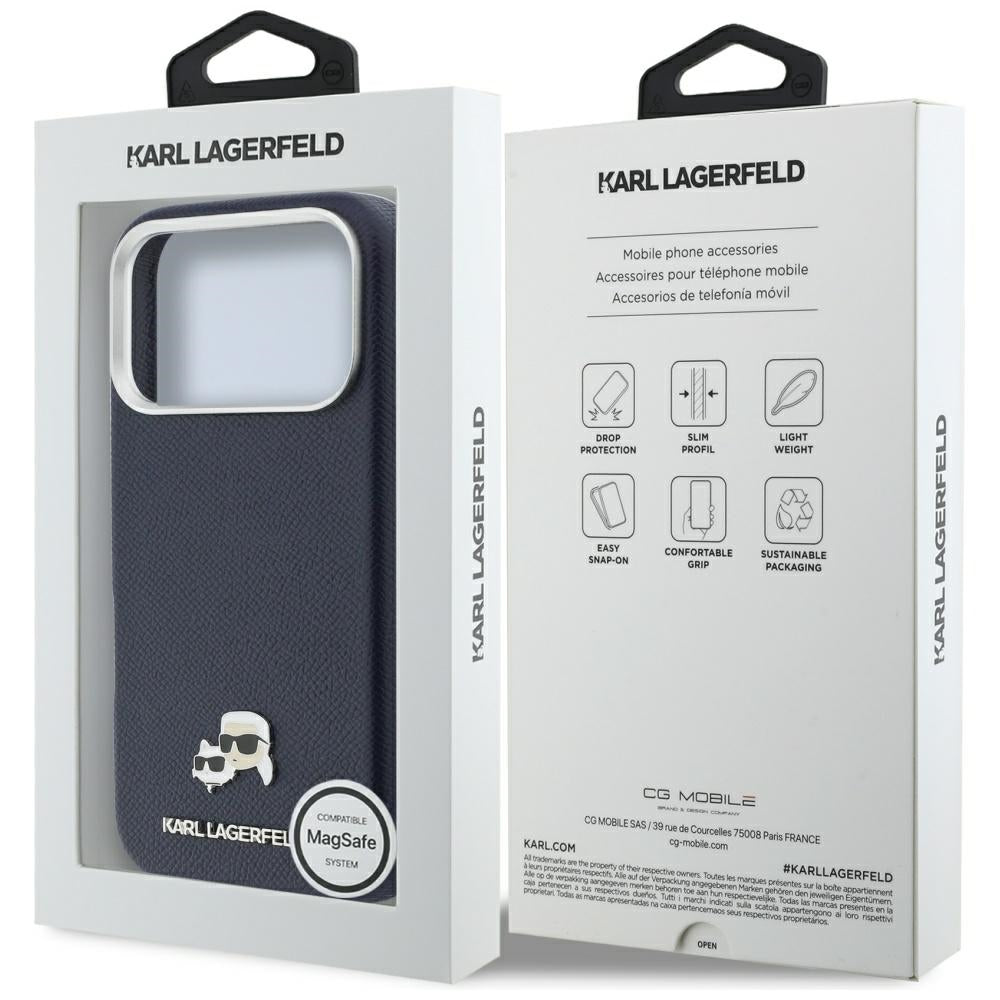 Pouzdro MagSafe pro Apple iPhone 17 Pro Max, Karl Lagerfeld, Saffiano Karl & Choupette Pins, Modrá