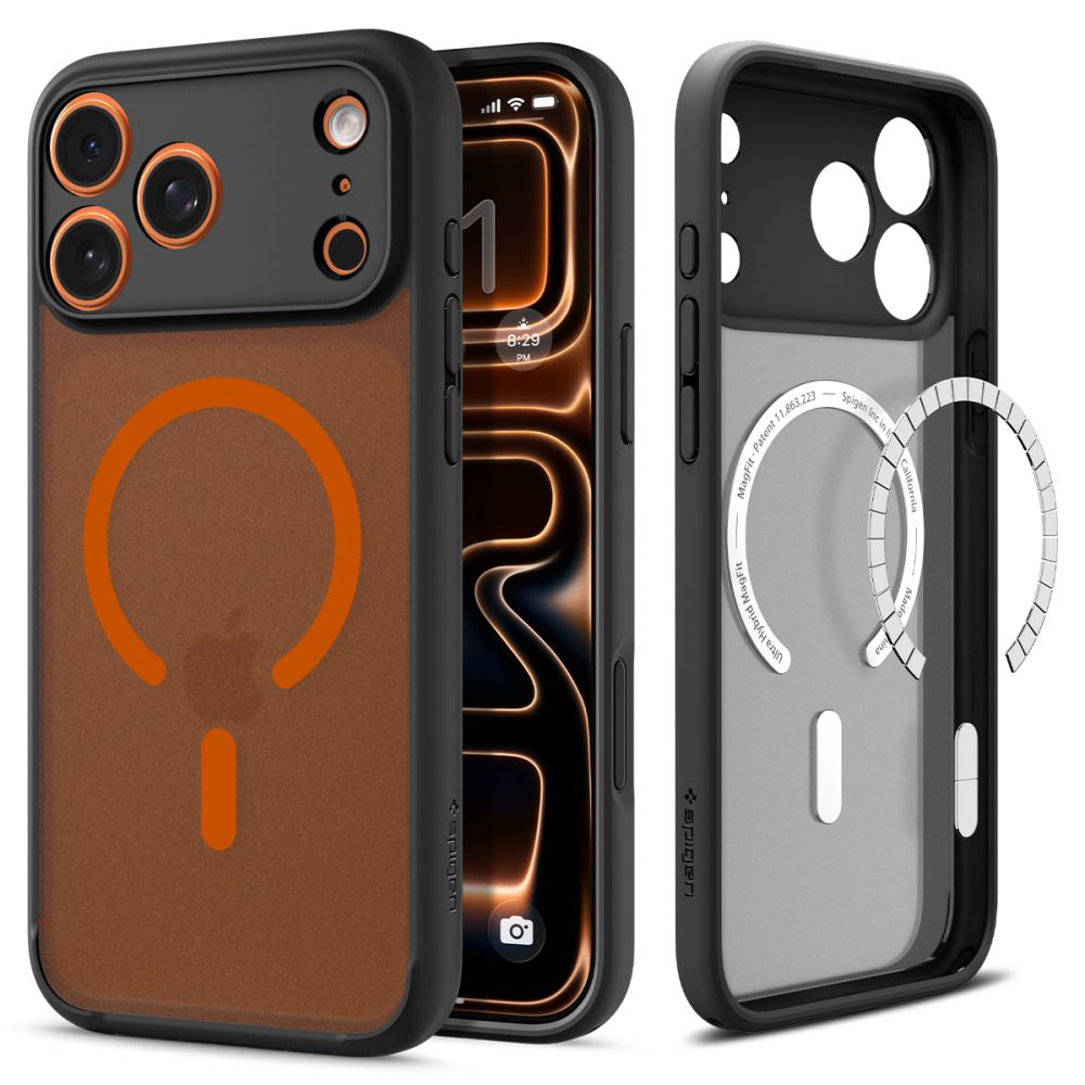 Pouzdro MagSafe pro Apple iPhone 17 Pro Max, Spigen, Ultra Hybrid, Černě oranžové saténové ACS10482